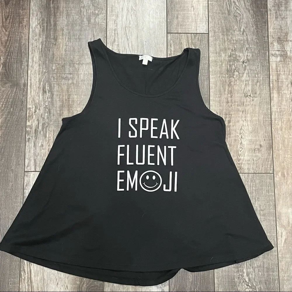 Charming Charlie I Speak Fluent Emoji Tank Top Black With White Lettering XL